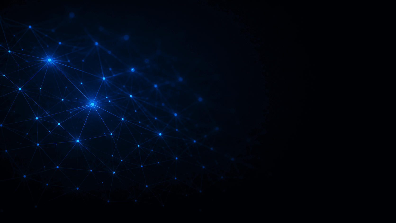 Glowing blue network of connected nodes forming a triangulated web against a dark background